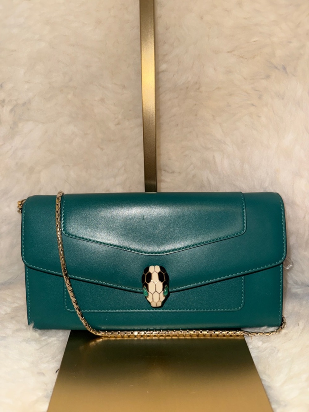 Bulgari Green Serpenti Leather Crossbody with Gold Snake Chain Excellent